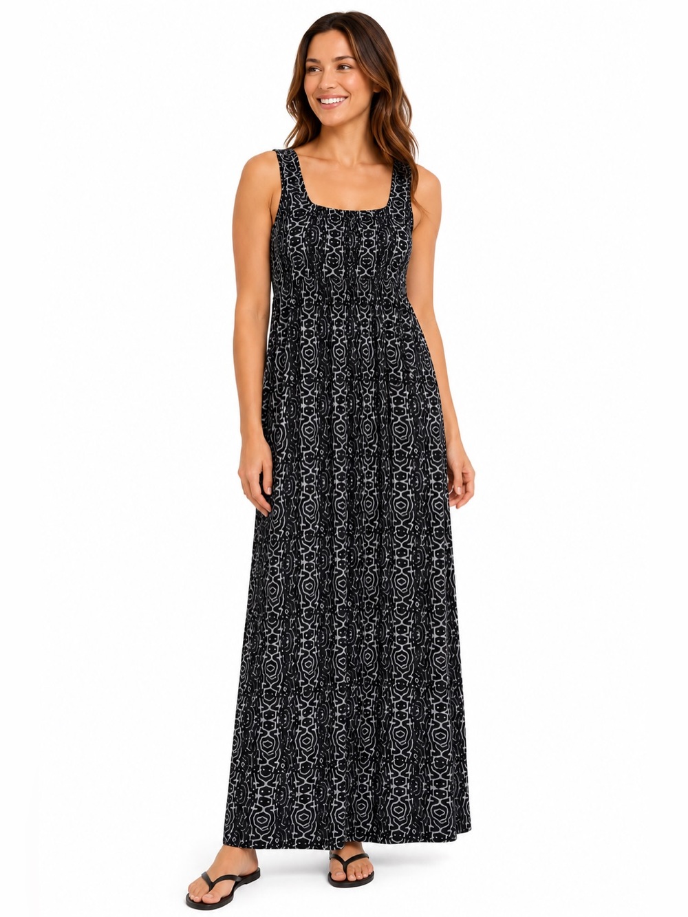Fresh Produce Black Gray Abstract Smocked Maxi Dress L Made in USA